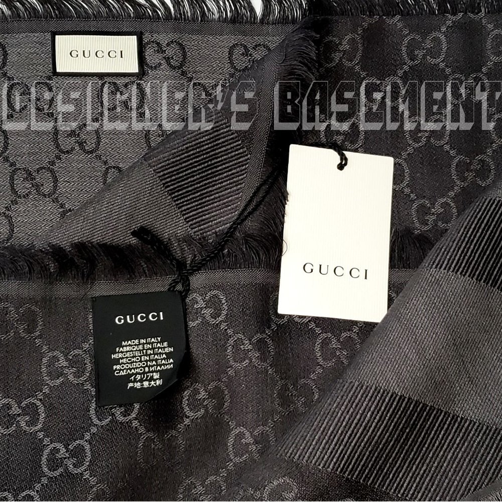 GUCCI charcoal & gray GGWEB giant 55"-square wool/silk pashmina shawl scarf NWT - Picture 3 of 6